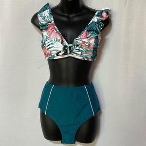Cupshe Ruffle High Waist Bikini Set Tropical NWT Size M